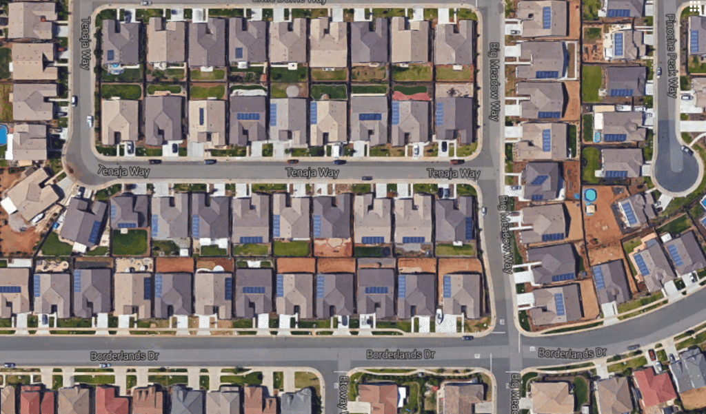 Solar homes in Rancho Cordova, California. Source: Google Maps.